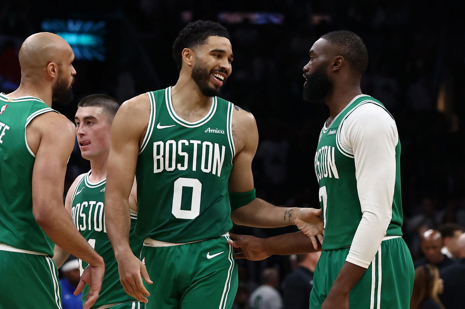 Mar 6, 2026; Boston, Massachusetts, USA; Boston Celtics forward Jayson Tatum (0) has a laugh with guard Jaylen Brown (7) during the second half against the Dallas Mavericks at TD Garden. Mandatory Credit: