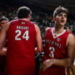 Mar 6, 2026; Athens, Ohio, USA; Miami (OH) RedHawks guard Luke Skaljac (3) and forward Jackson Kotecki (24) celebrate after their team defeats the Ohio Bobcats at the Convocation Center. Mandatory Credit: Aaron Doster-Imagn Images