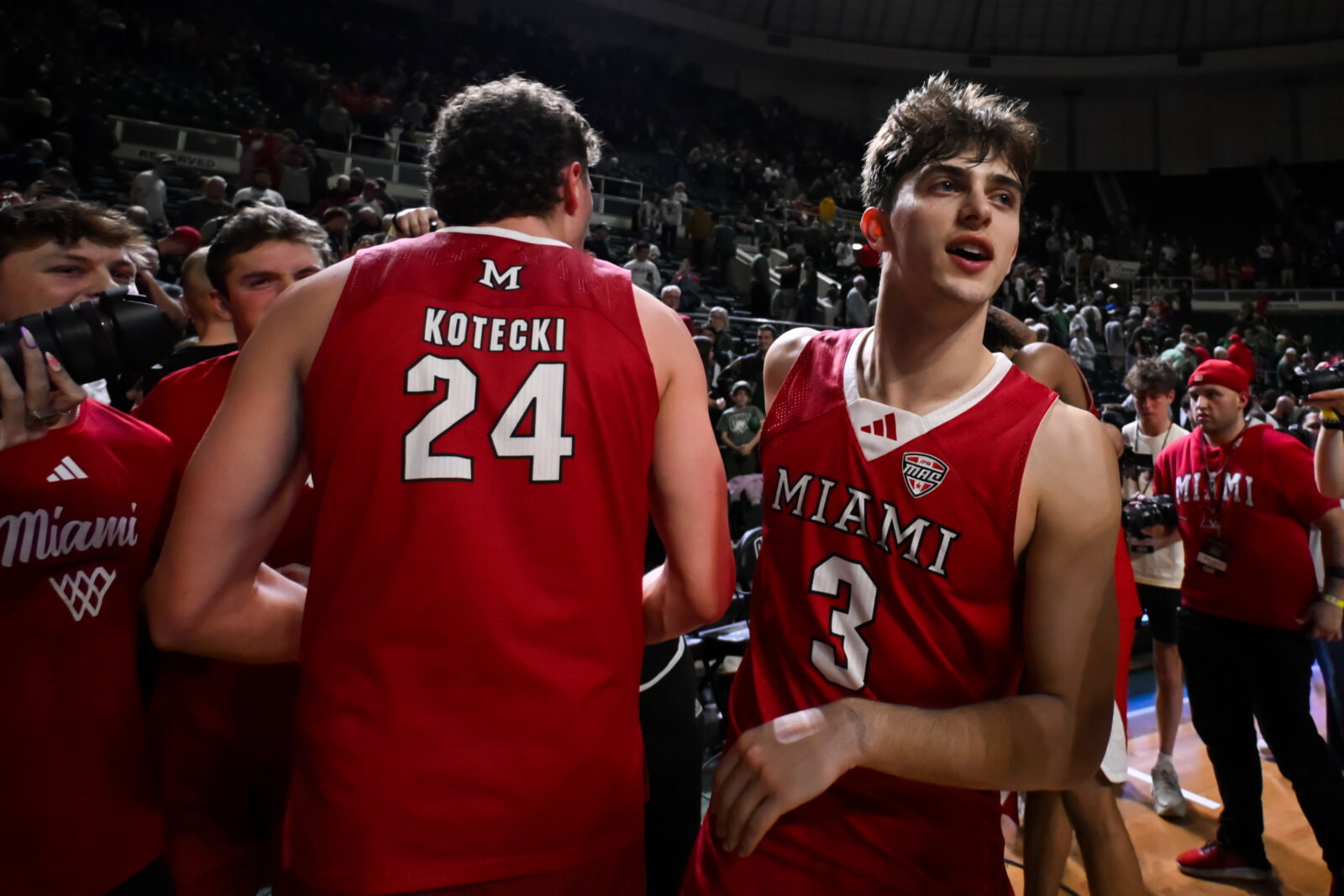 Mar 6, 2026; Athens, Ohio, USA; Miami (OH) RedHawks guard Luke Skaljac (3) and forward Jackson Kotecki (24) celebrate after their team defeats the Ohio Bobcats at the Convocation Center. Mandatory Credit: Aaron Doster-Imagn Images