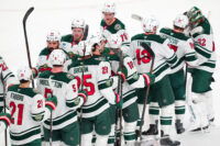 Mar 6, 2026; Las Vegas, Nevada, USA; Minnesota Wild players celebrate after the Wild defeated the Vegas Golden Knights 4-2 at T-Mobile Arena. Mandatory Credit: Stephen R. Sylvanie-Imagn Images
