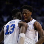 Mar 7, 2026; Provo, Utah, USA; BYU Cougars forward AJ Dybantsa (3) and forward Keba Keita (13) reacts during the second half against the Texas Tech Red Raiders at Marriott Center. Mandatory Credit: Aaron Baker-Imagn Images