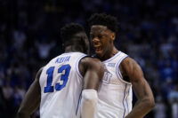 Mar 7, 2026; Provo, Utah, USA; BYU Cougars forward AJ Dybantsa (3) and forward Keba Keita (13) reacts during the second half against the Texas Tech Red Raiders at Marriott Center. Mandatory Credit: Aaron Baker-Imagn Images