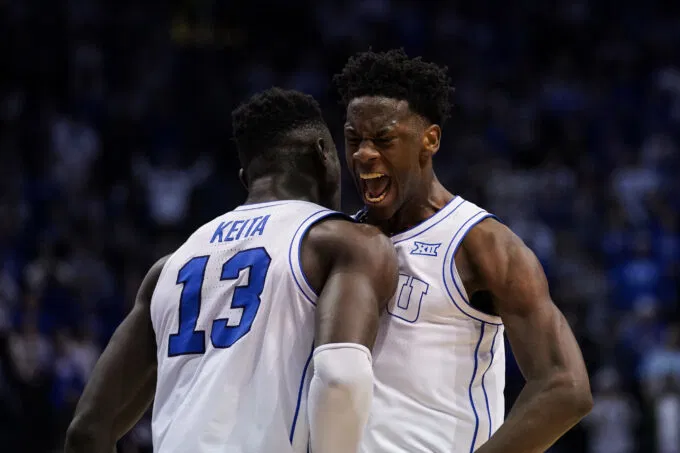 Mar 7, 2026; Provo, Utah, USA; BYU Cougars forward AJ Dybantsa (3) and forward Keba Keita (13) reacts during the second half against the Texas Tech Red Raiders at Marriott Center. Mandatory Credit: Aaron Baker-Imagn Images