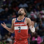 Mar 8, 2026; New Orleans, Louisiana, USA; Washington Wizards guard Trae Young (3) reacts after a three-point basket against the New Orleans Pelicans during the first half at Smoothie King Center. Mandatory Credit: Matthew Hinton-Imagn Images