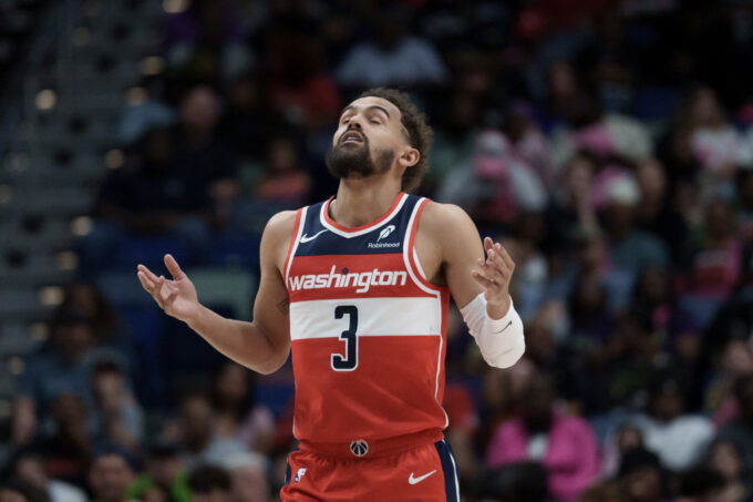Mar 8, 2026; New Orleans, Louisiana, USA; Washington Wizards guard Trae Young (3) reacts after a three-point basket against the New Orleans Pelicans during the first half at Smoothie King Center. Mandatory Credit: Matthew Hinton-Imagn Images