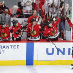 Mar 9, 2026; Chicago, Illinois, USA; Chicago Blackhawks left wing Andre Burakovsky (28) celebrates with teammates after scoring against the Utah Mammoth during the second period at United Center. Mandatory Credit: Kamil Krzaczynski-Imagn Images
