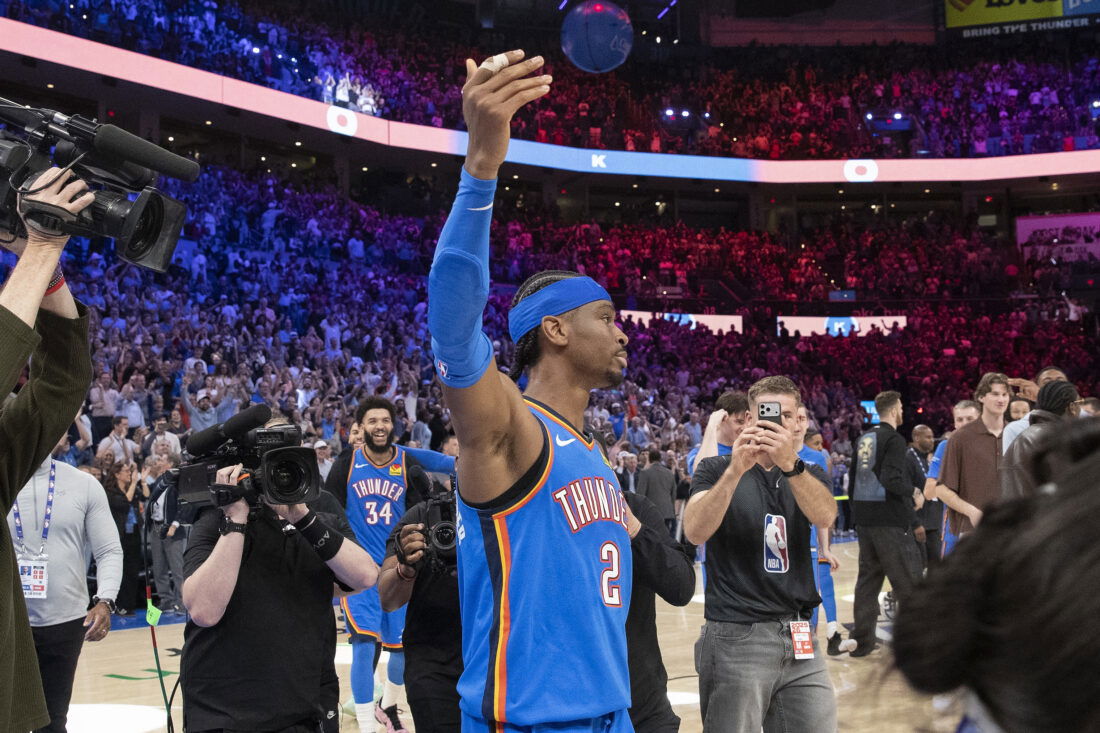 Mar 9, 2026; Oklahoma City, Oklahoma, USA; Oklahoma City Thunder guard Shai Gilgeous-Alexander (2) gestures and walks around the court after sinking a game winner 3 pointer basket against the Denver Nuggets during the second half at Paycom Center. Mandatory Credit: Alonzo Adams-Imagn Images
