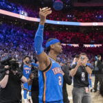 Mar 9, 2026; Oklahoma City, Oklahoma, USA; Oklahoma City Thunder guard Shai Gilgeous-Alexander (2) gestures and walks around the court after sinking a game winner 3 pointer basket against the Denver Nuggets during the second half at Paycom Center. Mandatory Credit: Alonzo Adams-Imagn Images