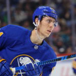 Mar 10, 2026; Buffalo, New York, USA; Buffalo Sabres defenseman Logan Stanley (64) before the start of the third period against the San Jose Sharks at KeyBank Center.