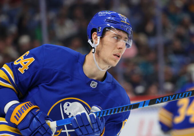 Mar 10, 2026; Buffalo, New York, USA; Buffalo Sabres defenseman Logan Stanley (64) before the start of the third period against the San Jose Sharks at KeyBank Center.