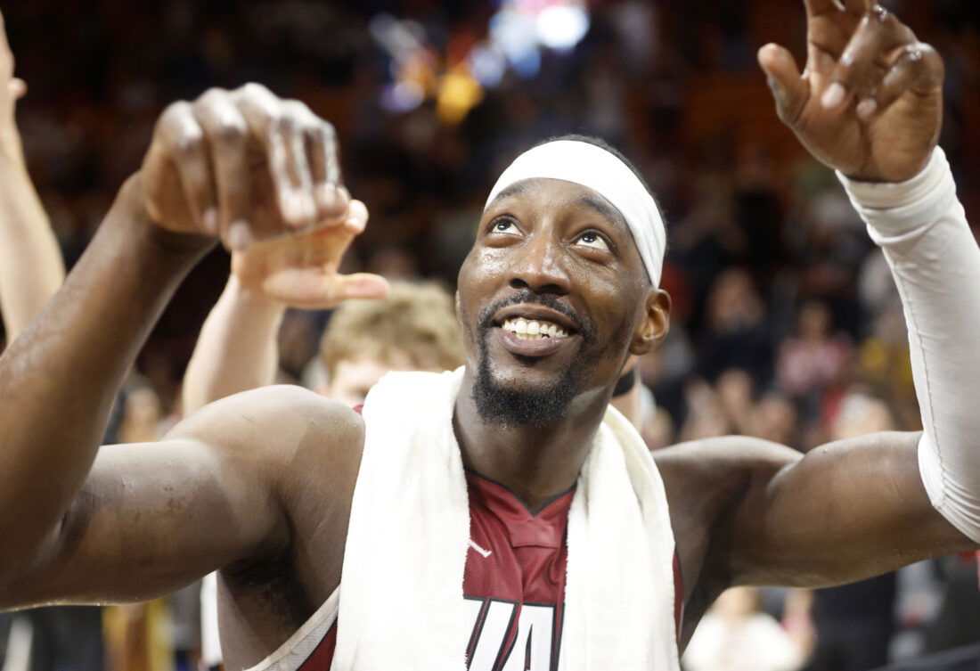 Mar 10, 2026; Miami, Florida, USA; Miami Heat center Bam Adebayo (13) reacts after becoming the NBA's second highest scorer of points in a game against the Wshington Wizards at Kaseya Center. Adebayo scored 83 points. Mandatory Credit: Rhona Wise-Imagn Images