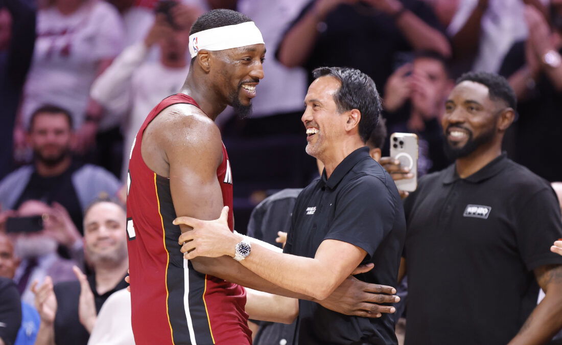 Mar 10, 2026; Miami, Florida, USA; Miami Heat center Bam Adebayo (13) celebrates with head coach Erik Spoelstra after becoming the NBA's second highest scorer of points in a game with 83 against the Wshington Wizards at Kaseya Center. Mandatory Credit: Rhona Wise-Imagn Images