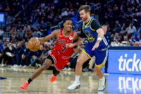 Mar 10, 2026; San Francisco, California, USA; Chicago Bulls guard Rob Dillingham (7) drives during the third quarter against the Golden State Warriors at Chase Center. Mandatory Credit: Bob Kupbens-Imagn Images