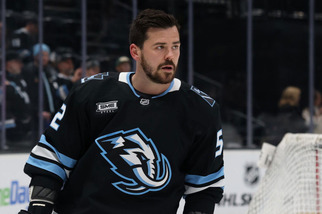Mar 12, 2026; Salt Lake City, Utah, USA; Utah Mammoth defenseman Mackenzie Weegar (52) warms up before a game against the Chicago Blackhawks at Delta Center. Mandatory Credit: Rob Gray-Imagn Images