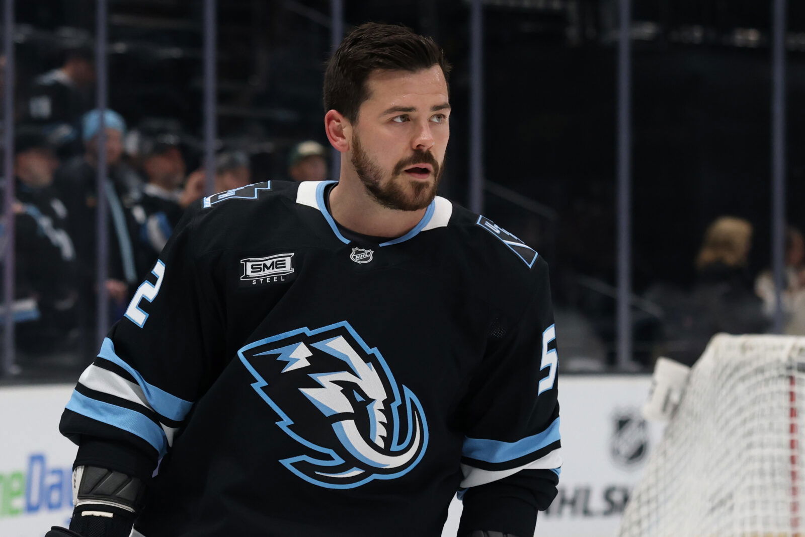 Mar 12, 2026; Salt Lake City, Utah, USA; Utah Mammoth defenseman Mackenzie Weegar (52) warms up before a game against the Chicago Blackhawks at Delta Center. Mandatory Credit: Rob Gray-Imagn Images