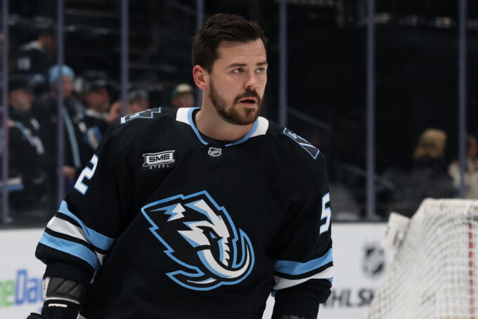 Mar 12, 2026; Salt Lake City, Utah, USA; Utah Mammoth defenseman Mackenzie Weegar (52) warms up before a game against the Chicago Blackhawks at Delta Center. Mandatory Credit: Rob Gray-Imagn Images