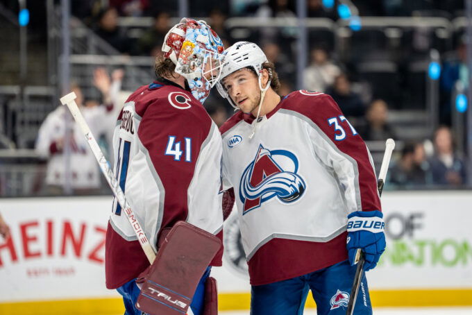 Mar 12, 2026; Seattle, Washington, USA; Colorado Avalanche goalie Scott Wedgewood (41), left, and Colorado Avalanche defenseman Brett Kulak (27) celebrate after a game against the Seattle Kraken at Climate Pledge Arena. Mandatory Credit: Stephen Brashear-Imagn Images