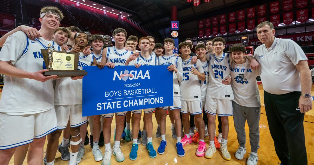 Gill St. Bernard’s High School boys basketball team celebrates their first-ever state title, beating Holy Cross in the Non-Public B final on March 12, 2026 at Jersey Mike's Arena in Piscataway.