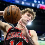 Mar 13, 2026; Inglewood, California, USA; Chicago Bulls forward Matas Buzelis (14) looks to slam the ball in frustration during the second half against the Los Angeles Clippers at Intuit Dome. Mandatory Credit: William Liang-Imagn Images