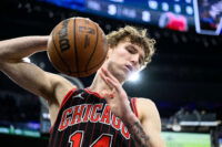 Mar 13, 2026; Inglewood, California, USA; Chicago Bulls forward Matas Buzelis (14) looks to slam the ball in frustration during the second half against the Los Angeles Clippers at Intuit Dome. Mandatory Credit: William Liang-Imagn Images