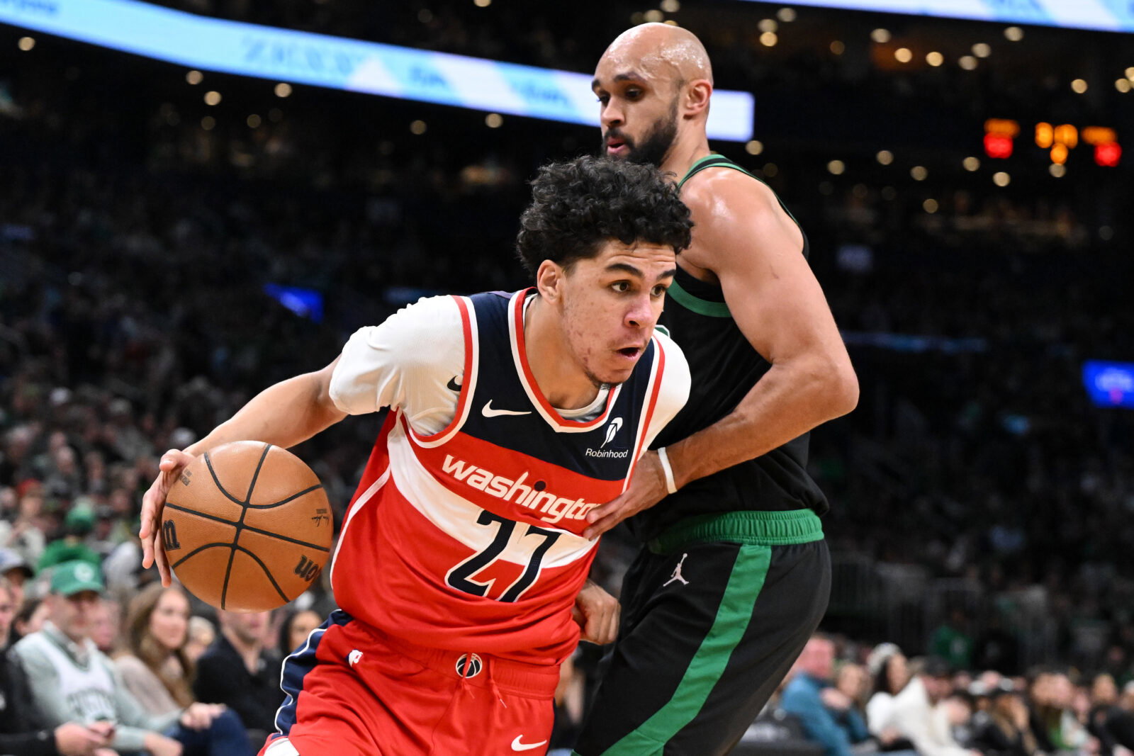 Mar 14, 2026; Boston, Massachusetts, USA; Washington Wizards guard Will Riley (27) drives to the basket against the Boston Celtics during the first half at the TD Garden. Mandatory Credit: Brian Fluharty-Imagn Images