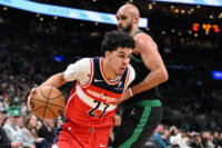 Mar 14, 2026; Boston, Massachusetts, USA; Washington Wizards guard Will Riley (27) drives to the basket against the Boston Celtics during the first half at the TD Garden. Mandatory Credit: Brian Fluharty-Imagn Images