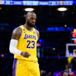 Mar 14, 2026; Los Angeles, California, USA; Los Angeles Lakers forward LeBron James (23) gestures during the first half against the Denver Nuggets at Crypto.com Arena. Mandatory Credit: William Liang-Imagn Images