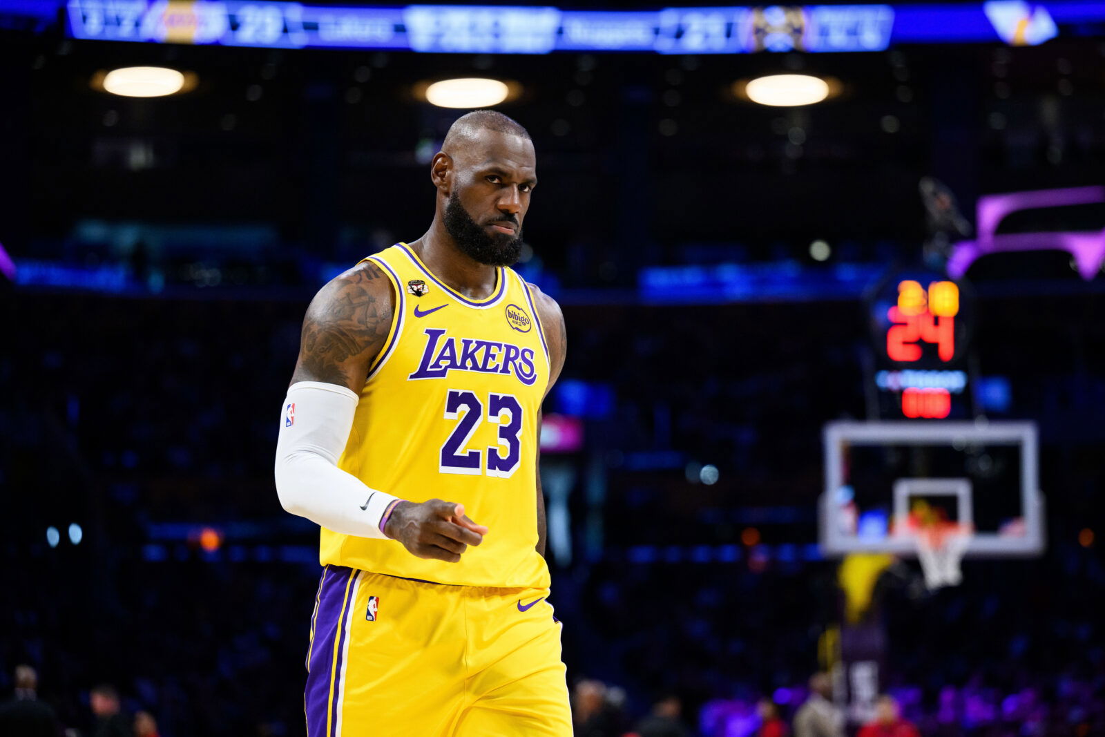 Mar 14, 2026; Los Angeles, California, USA; Los Angeles Lakers forward LeBron James (23) gestures during the first half against the Denver Nuggets at Crypto.com Arena. Mandatory Credit: William Liang-Imagn Images