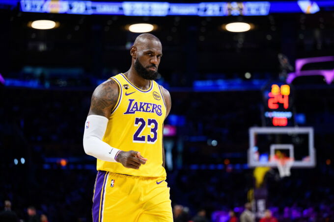 Mar 14, 2026; Los Angeles, California, USA; Los Angeles Lakers forward LeBron James (23) gestures during the first half against the Denver Nuggets at Crypto.com Arena. Mandatory Credit: William Liang-Imagn Images