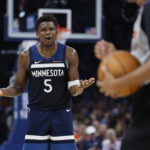 Mar 15, 2026; Oklahoma City, Oklahoma, USA; Minnesota Timberwolves guard Anthony Edwards (5) reacts after a call against him by an official during the second half against the Oklahoma City Thunder at Paycom Center. Mandatory Credit: Alonzo Adams-Imagn Images