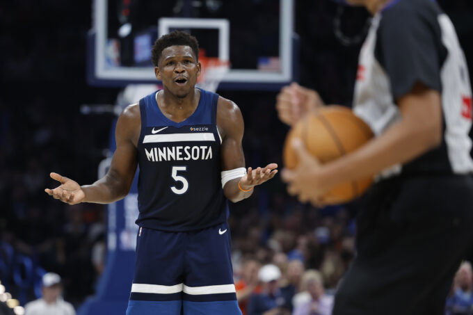 Mar 15, 2026; Oklahoma City, Oklahoma, USA; Minnesota Timberwolves guard Anthony Edwards (5) reacts after a call against him by an official during the second half against the Oklahoma City Thunder at Paycom Center. Mandatory Credit: Alonzo Adams-Imagn Images