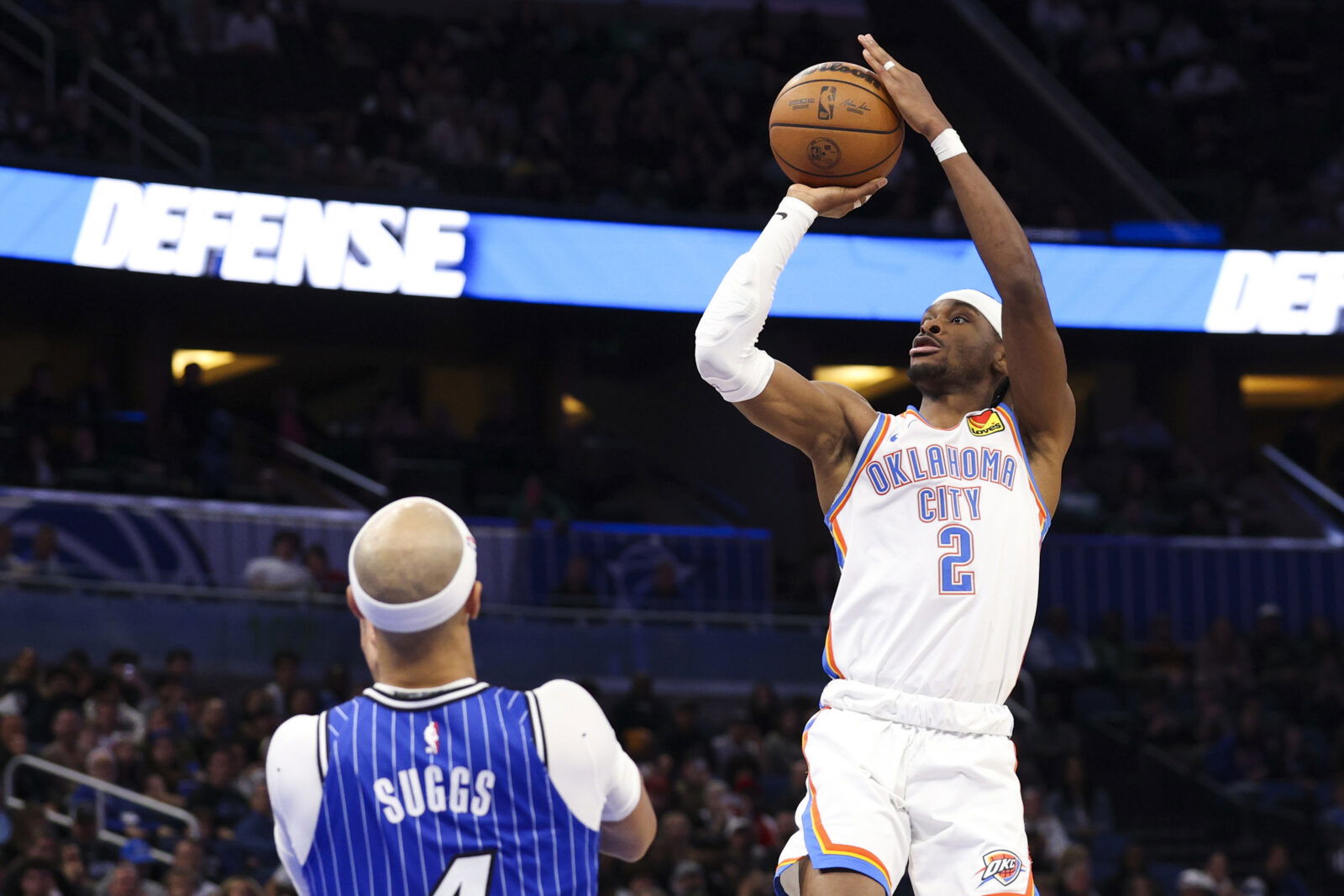 Mar 17, 2026; Orlando, Florida, USA; Oklahoma City Thunder guard Shai Gilgeous-Alexander (2) shoots the ball against the Orlando Magic in the fourth quarter at Kia Center.
