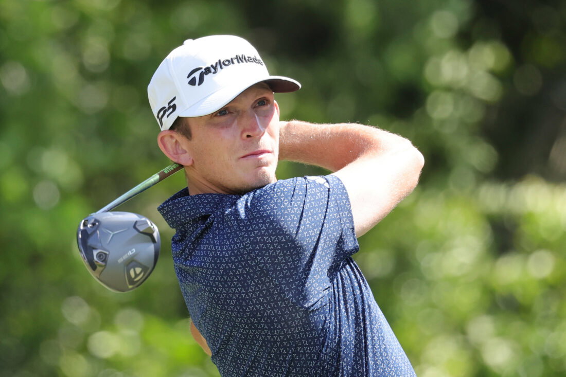 Mar 19, 2026; Palm Harbor, Florida, USA; Jacob Bridgeman plays his shot from the ninth tee during the first round of the Valspar Championship golf tournament. Mandatory Credit: Reinhold Matay-Imagn Images