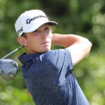 Mar 19, 2026; Palm Harbor, Florida, USA; Jacob Bridgeman plays his shot from the ninth tee during the first round of the Valspar Championship golf tournament. Mandatory Credit: Reinhold Matay-Imagn Images