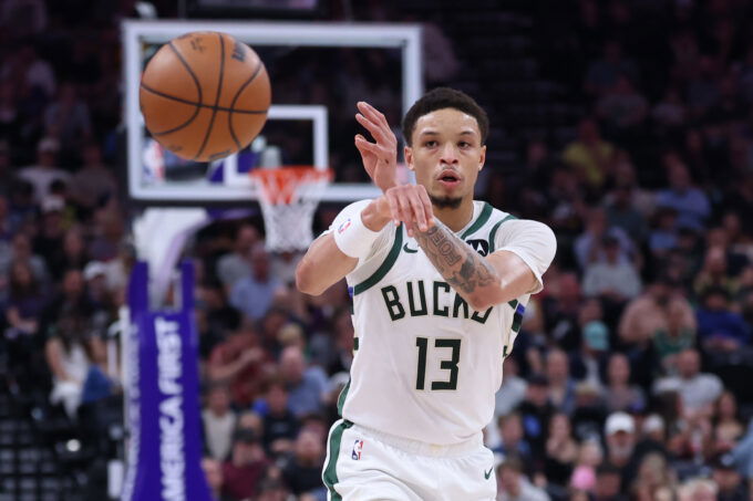 Mar 19, 2026; Salt Lake City, Utah, USA; Milwaukee Bucks guard Ryan Rollins (13) makes a pass against the Utah Jazz during the first half at Delta Center. Mandatory Credit: Rob Gray-Imagn Images