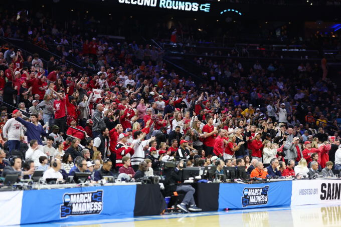 Mar 20, 2026; Philadelphia, PA, USA; Miami (OH) RedHawks fans cheer during the first half against the Tennessee Volunteers during a first round game of the men's 2026 NCAA Tournament at Xfinity Mobile Arena. Mandatory Credit: Bill Streicher-Imagn Images
