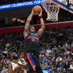 Mar 20, 2026; Detroit, Michigan, USA; Detroit Pistons center Jalen Duren (0) dunks the ball against the Golden State Warriors in the first half at Little Caesars Arena. Mandatory Credit: