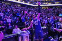 Mar 22, 2026; Sacramento, California, USA; Sacramento Kings forward Precious Achiuwa (9) and center Dylan Cardwell (32) light the beam after the Kings defeat the Brooklyn Nets during the fourth quarter at Golden 1 Center. Mandatory Credit: Justine Willard-Imagn Images