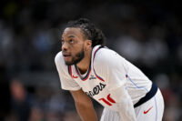 Mar 21, 2026; Dallas, Texas, USA; LA Clippers guard Darius Garland (10) looks on during the game between the Mavericks and the Clippers at American Airlines Center. Mandatory Credit: Jerome Miron-Imagn Images