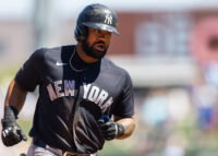 Mar 24, 2026; Mesa, Arizona, USA; New York Yankees outfielder Jasson Dominguez rounds the bases after hitting a home run against the Chicago Cubs during spring training at Sloan Park. Mandatory Credit: