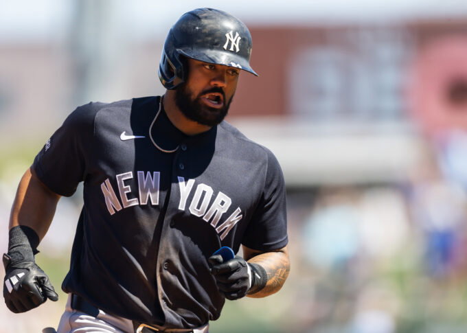 Mar 24, 2026; Mesa, Arizona, USA; New York Yankees outfielder Jasson Dominguez rounds the bases after hitting a home run against the Chicago Cubs during spring training at Sloan Park. Mandatory Credit: