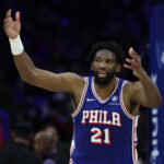 Mar 25, 2026; Philadelphia, Pennsylvania, USA; Philadelphia 76ers center Joel Embiid (21) reacts after a score against the Chicago Bulls during the third quarter at Xfinity Mobile Arena. Mandatory Credit: Bill Streicher-Imagn Images
