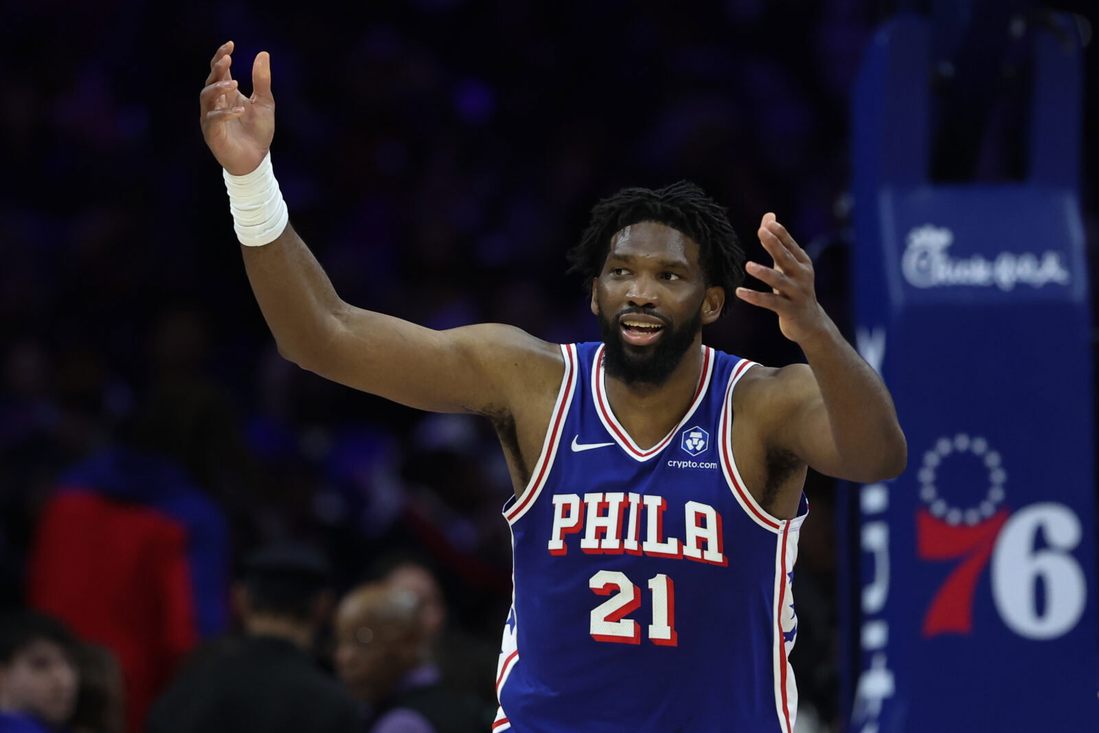 Mar 25, 2026; Philadelphia, Pennsylvania, USA; Philadelphia 76ers center Joel Embiid (21) reacts after a score against the Chicago Bulls during the third quarter at Xfinity Mobile Arena. Mandatory Credit: Bill Streicher-Imagn Images