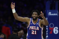 Mar 25, 2026; Philadelphia, Pennsylvania, USA; Philadelphia 76ers center Joel Embiid (21) reacts after a score against the Chicago Bulls during the third quarter at Xfinity Mobile Arena. Mandatory Credit: Bill Streicher-Imagn Images