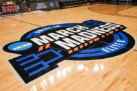 Mar 26, 2026; Fort Worth, TX, USA; A detailed view of the March Madness Sweet 16 Elite 8 center court logo during a practice session press conference ahead ofÊthe women's 2026 NCAA Tournament at Dickies Arena. Mandatory Credit: Chris Jones-Imagn Images