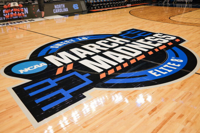 Mar 26, 2026; Fort Worth, TX, USA; A detailed view of the March Madness Sweet 16 Elite 8 center court logo during a practice session press conference ahead ofÊthe women's 2026 NCAA Tournament at Dickies Arena. Mandatory Credit: Chris Jones-Imagn Images