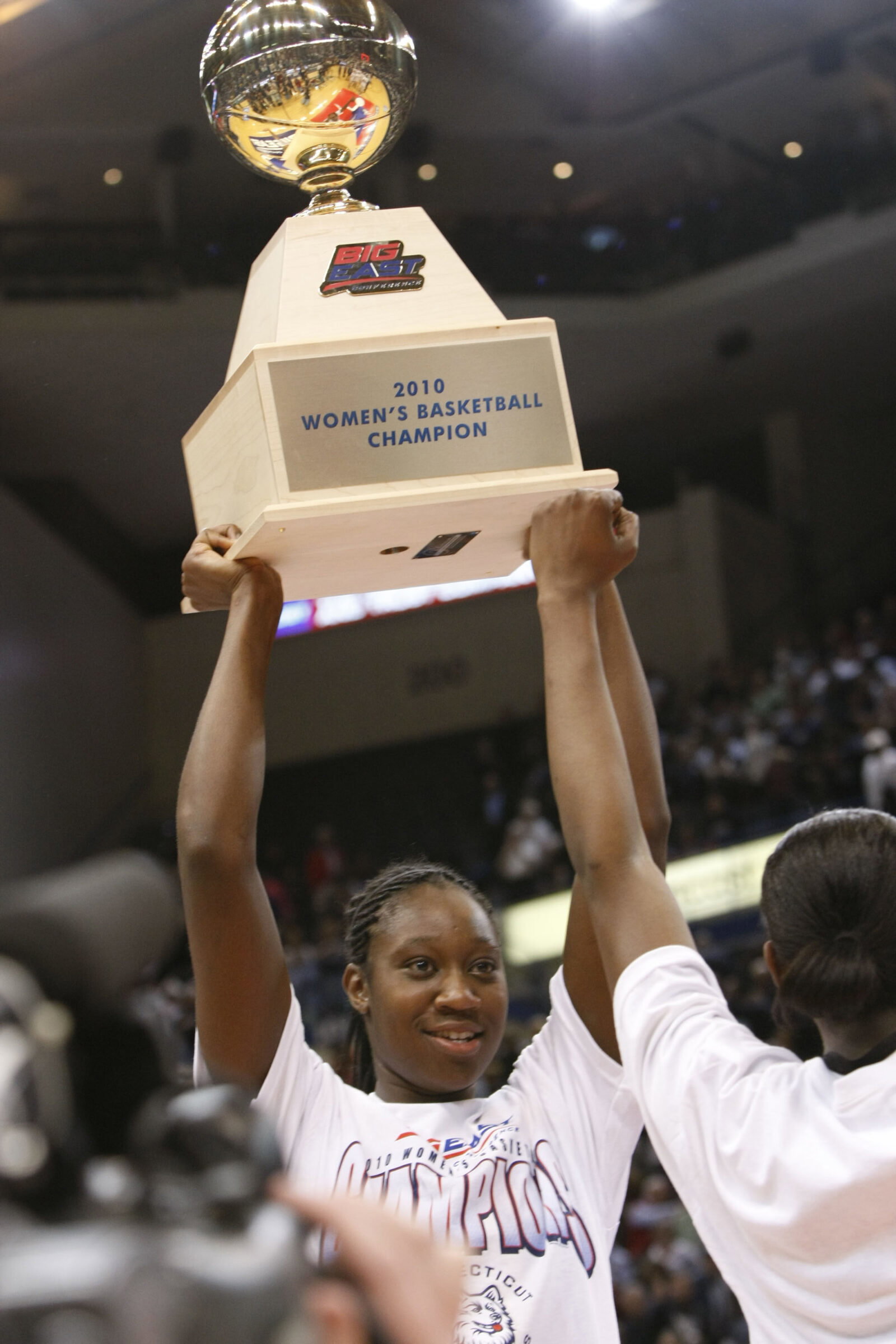 Mar 9, 2010; Hartford, CT, USA; Connecticut Huskies center Tina Charles (31) celebrates with her teammates after defeating the West Virginia Mountaineers for the Big East championship at the XL Center. UConn defeated West Virginia 60-32.