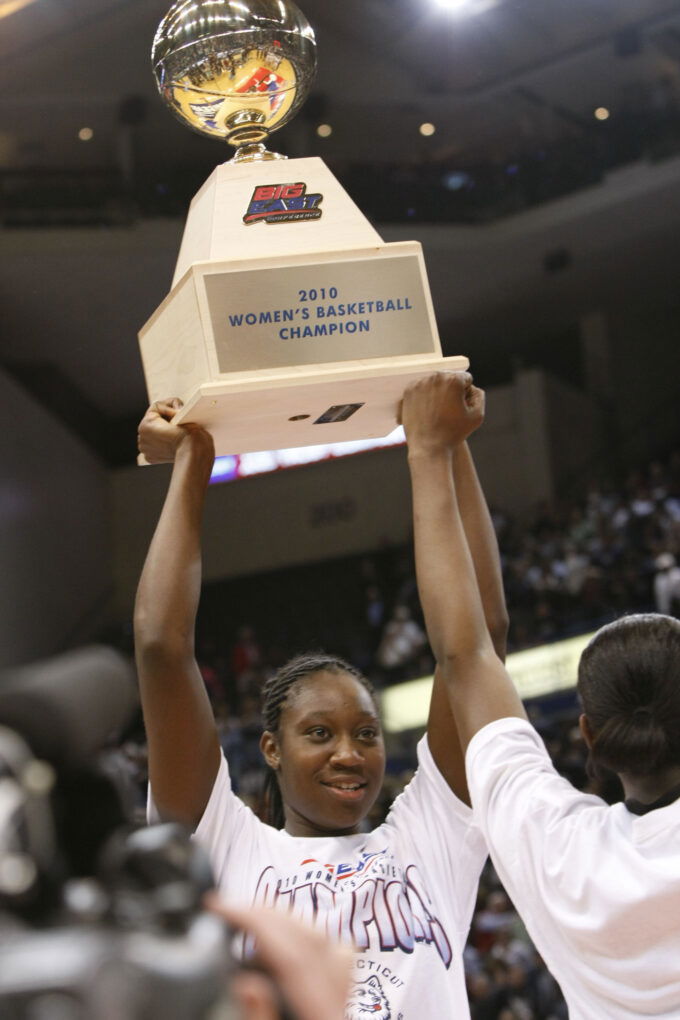 Mar 9, 2010; Hartford, CT, USA; Connecticut Huskies center Tina Charles (31) celebrates with her teammates after defeating the West Virginia Mountaineers for the Big East championship at the XL Center. UConn defeated West Virginia 60-32.