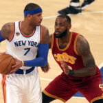 Dec 7, 2016; New York, NY, USA; New York Knicks small forward Carmelo Anthony (7) controls the ball against Cleveland Cavaliers small forward LeBron James (23) during the first quarter at Madison Square Garden. Mandatory Credit: Brad Penner-USA TODAY Sports