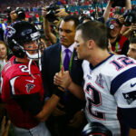 Feb 5, 2017; Houston, TX, USA; Atlanta Falcons quarterback Matt Ryan (2) shakes hands with New England Patriots quarterback Tom Brady (12) after Super Bowl LI at NRG Stadium.